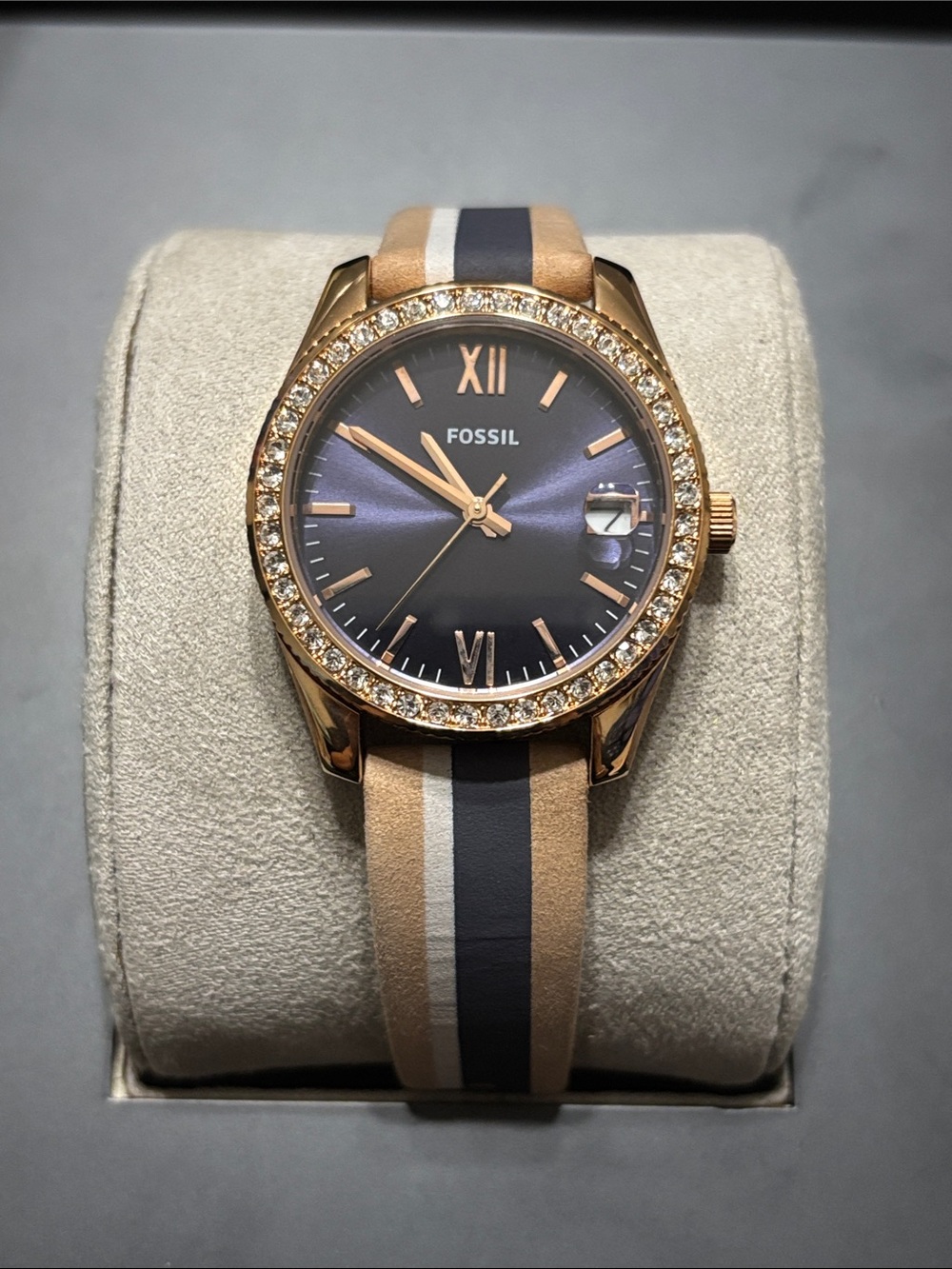 Fossil Rose Gold Case Navy Dial Striped Leather Watch